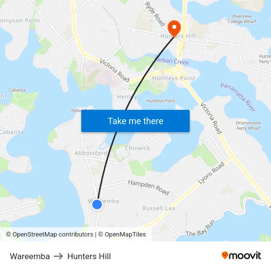 Wareemba to Hunters Hill map