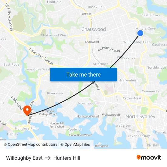 Willoughby East to Hunters Hill map