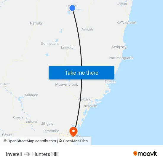 Inverell to Hunters Hill map