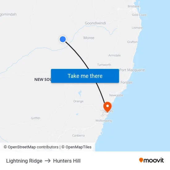Lightning Ridge to Hunters Hill map