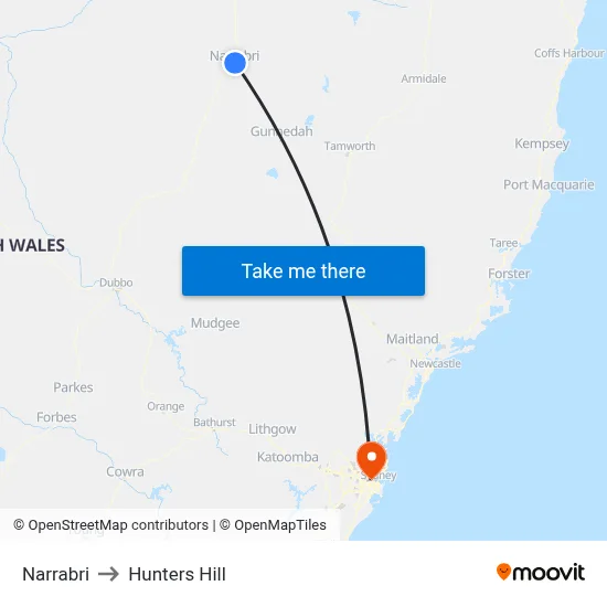 Narrabri to Hunters Hill map