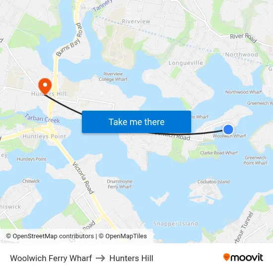 Woolwich Ferry Wharf to Hunters Hill map