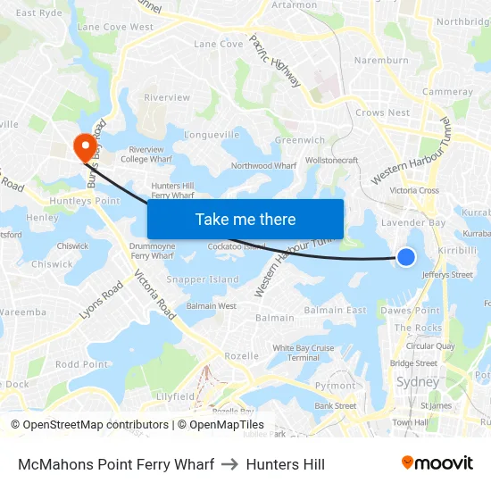 McMahons Point Ferry Wharf to Hunters Hill map