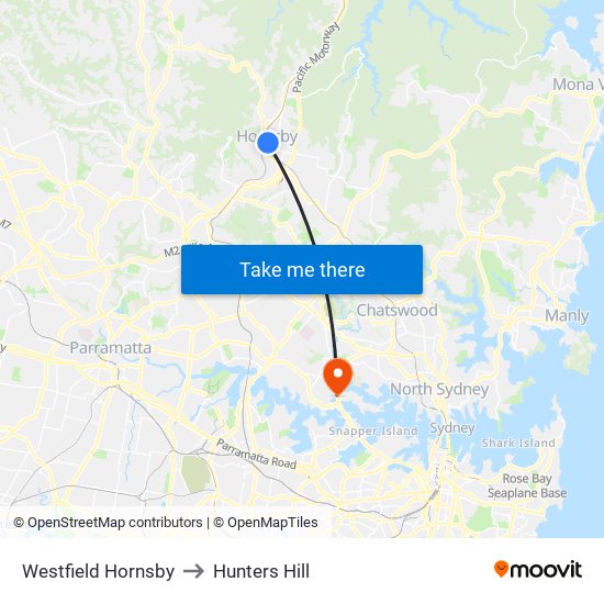 Westfield Hornsby to Hunters Hill map