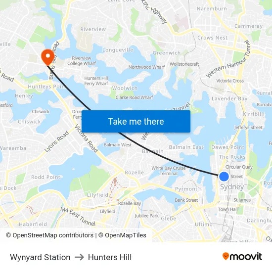 Wynyard Station to Hunters Hill map