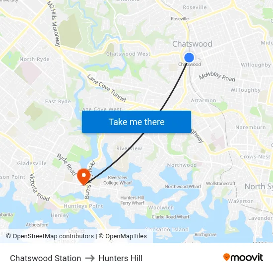 Chatswood Station to Hunters Hill map