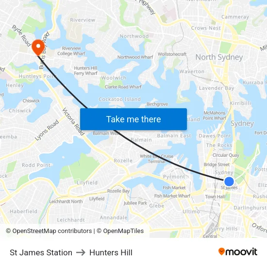 St James Station to Hunters Hill map