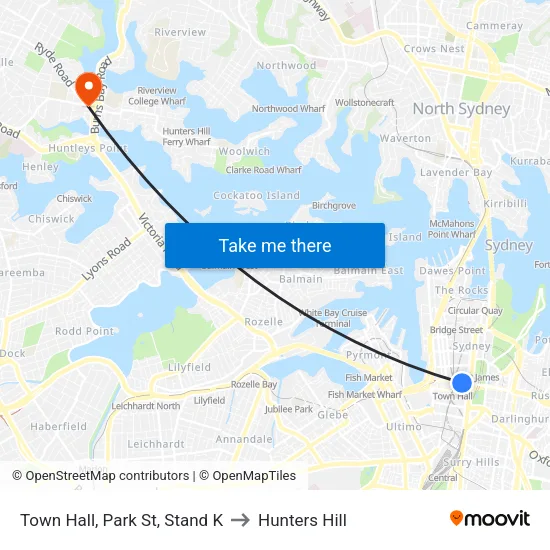 Town Hall, Park St, Stand K to Hunters Hill map
