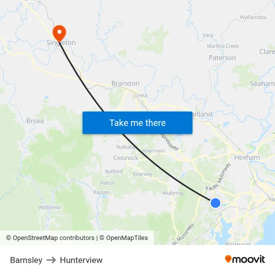Barnsley to Hunterview map