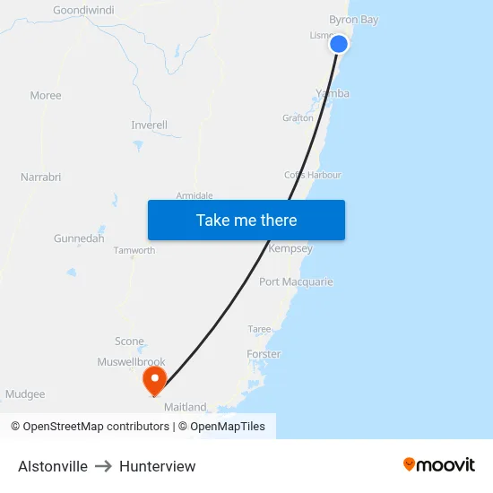 Alstonville to Hunterview map