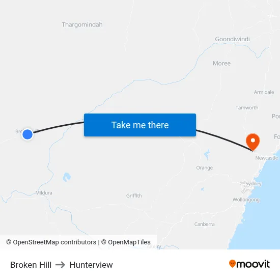 Broken Hill to Hunterview map