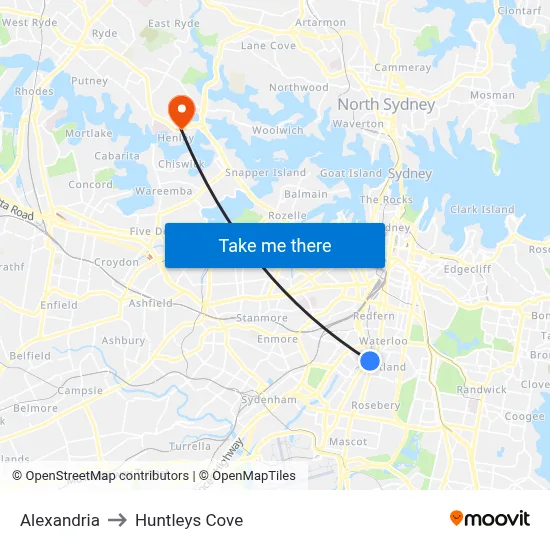 Alexandria to Huntleys Cove map