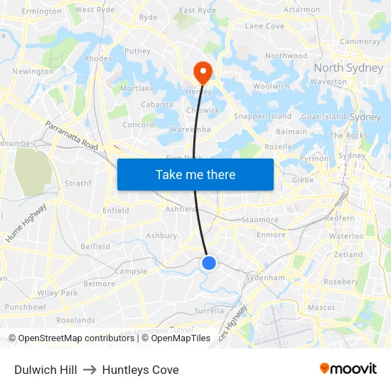 Dulwich Hill to Huntleys Cove map