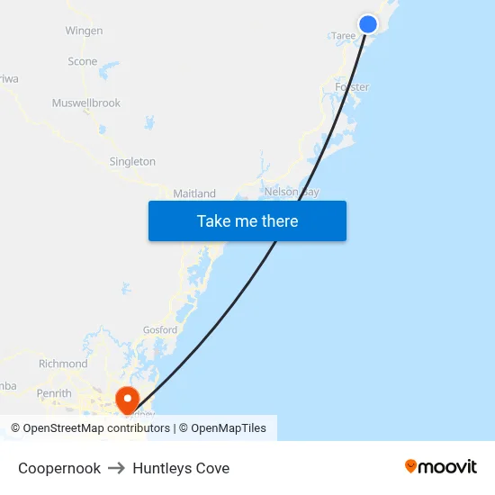 Coopernook to Huntleys Cove map