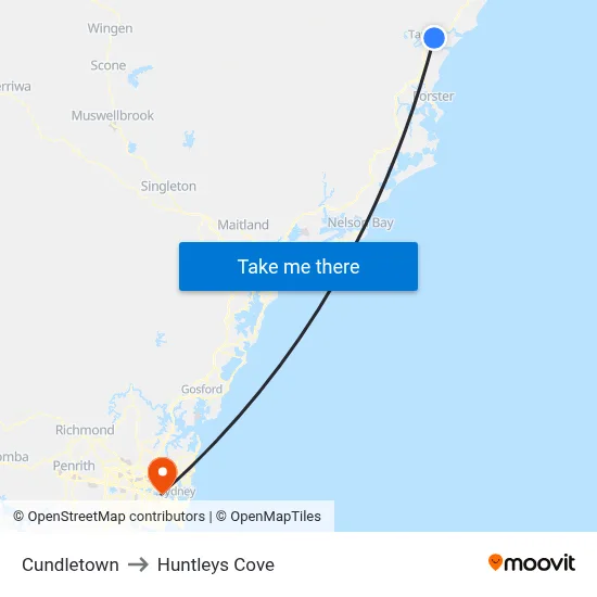 Cundletown to Huntleys Cove map