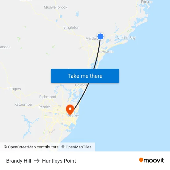Brandy Hill to Huntleys Point map
