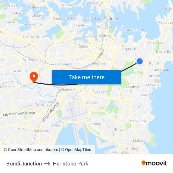 Bondi Junction to Hurlstone Park map