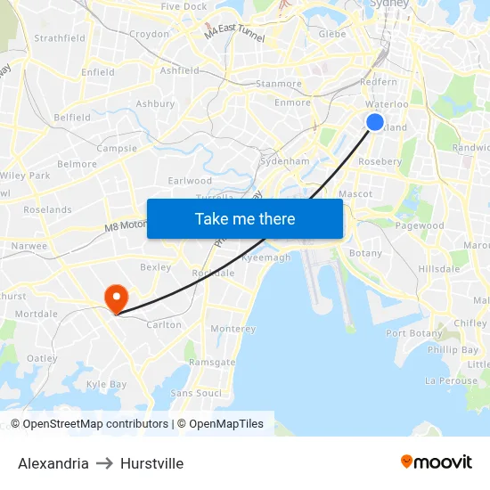 Alexandria to Hurstville map