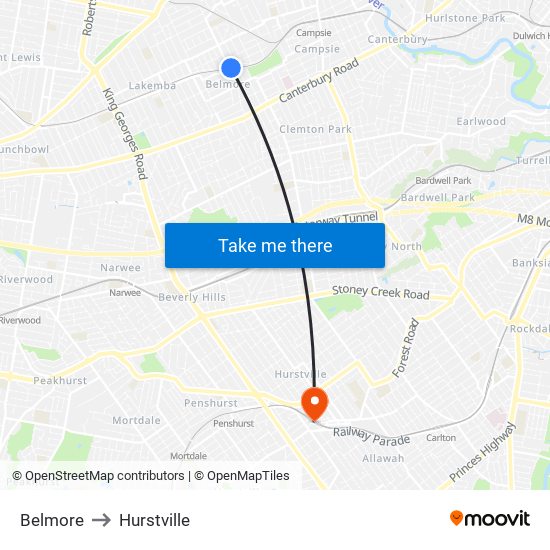 Belmore to Hurstville map