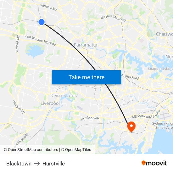 Blacktown to Hurstville map