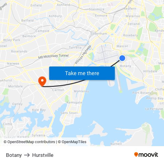 Botany to Hurstville map