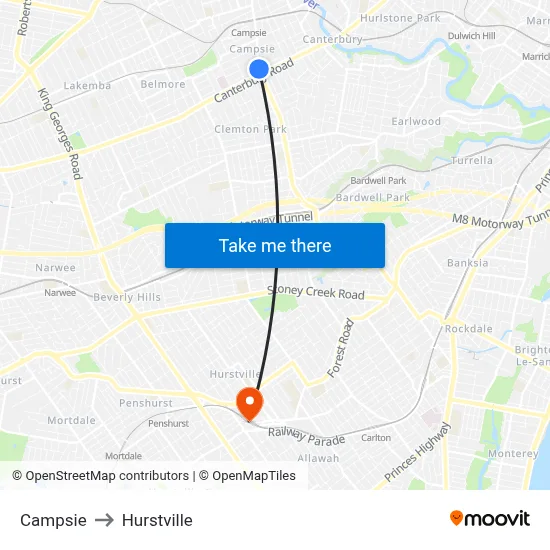 Campsie to Hurstville map