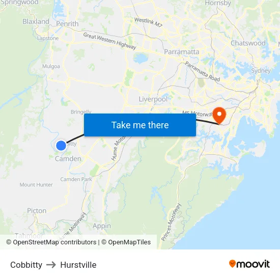 Cobbitty to Hurstville map