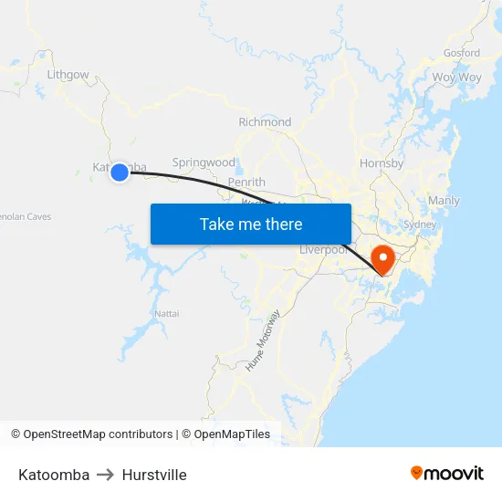 Katoomba to Hurstville map