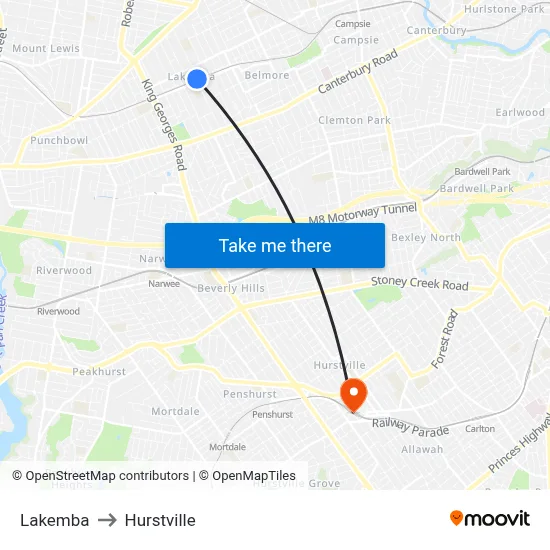 Lakemba to Hurstville map