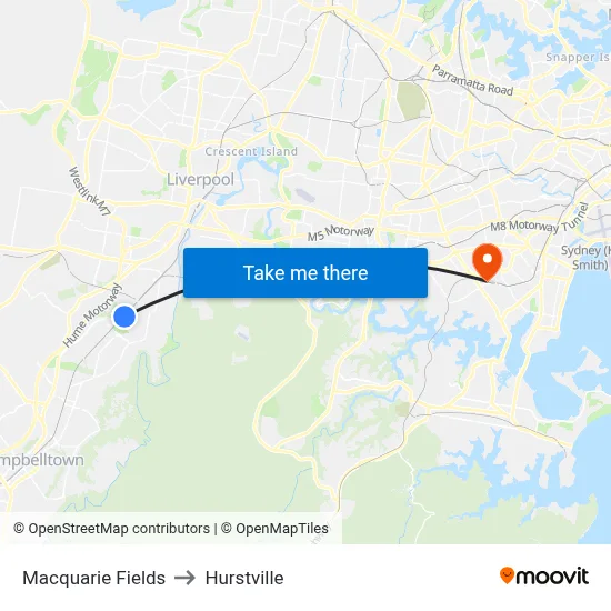 Macquarie Fields to Hurstville map