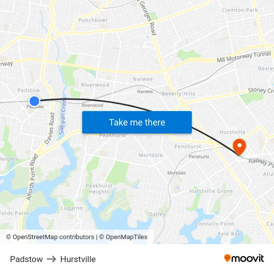Padstow to Hurstville map