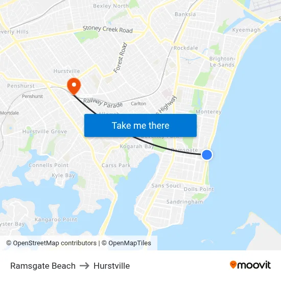 Ramsgate Beach to Hurstville map
