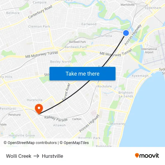 Wolli Creek to Hurstville map