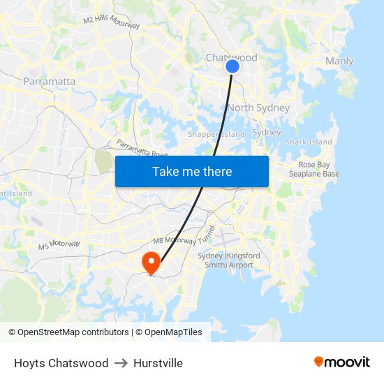 Hoyts Chatswood to Hurstville map