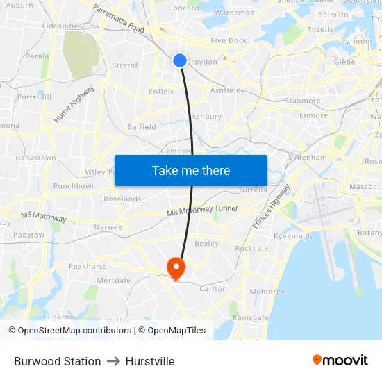 Burwood Station to Hurstville map