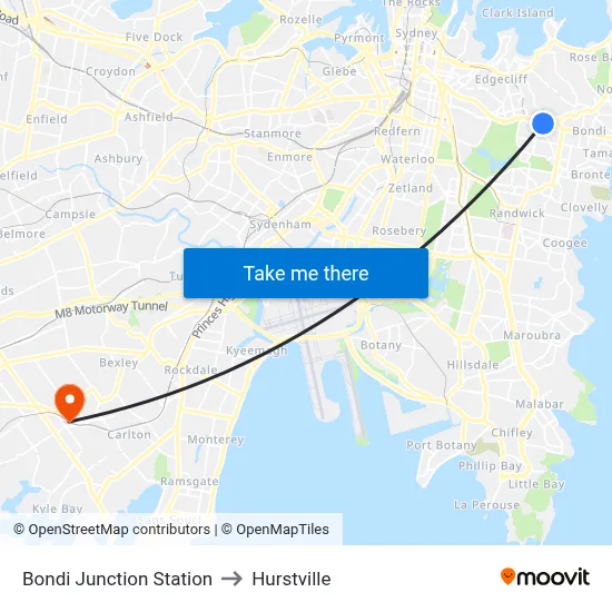Bondi Junction Station to Hurstville map