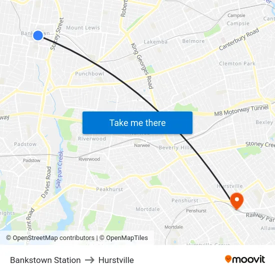 Bankstown Station to Hurstville map