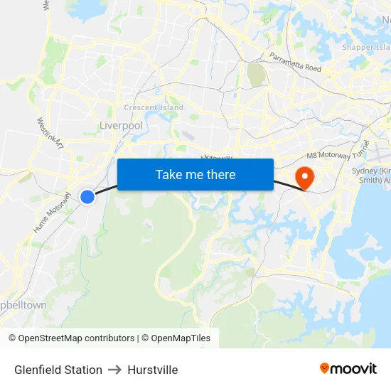 Glenfield Station to Hurstville map