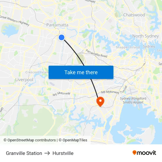 Granville Station to Hurstville map