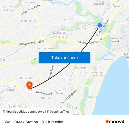 Wolli Creek Station to Hurstville map