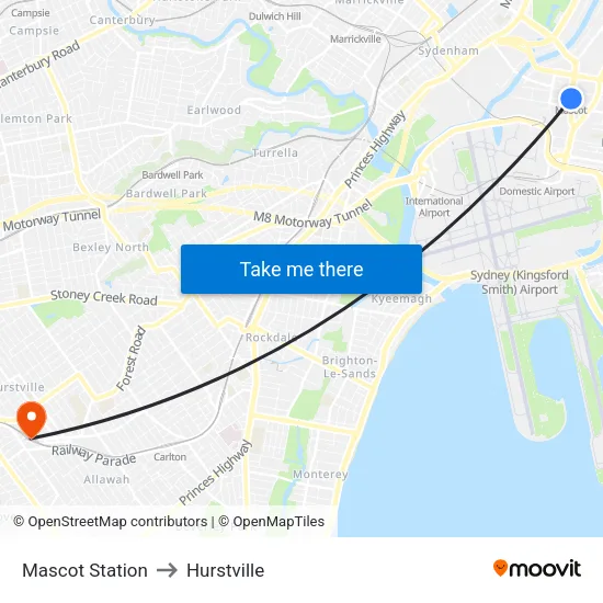 Mascot Station to Hurstville map