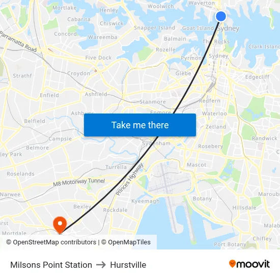 Milsons Point Station to Hurstville map