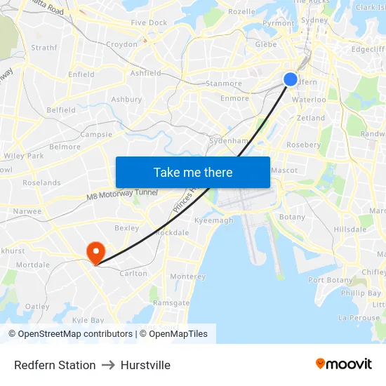 Redfern Station to Hurstville map