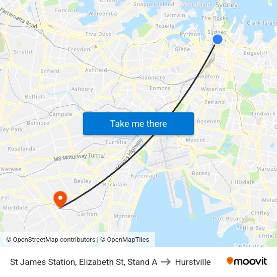 St James Station, Elizabeth St, Stand A to Hurstville map