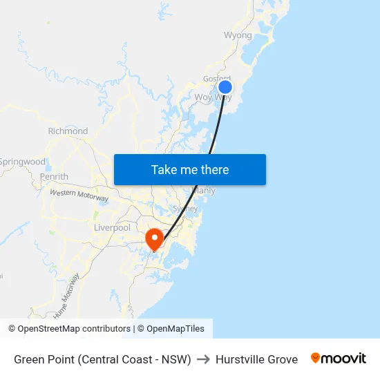 Green Point (Central Coast - NSW) to Hurstville Grove map