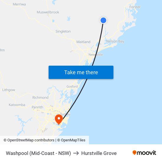 Washpool (Mid-Coast - NSW) to Hurstville Grove map