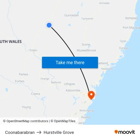 Coonabarabran to Hurstville Grove map
