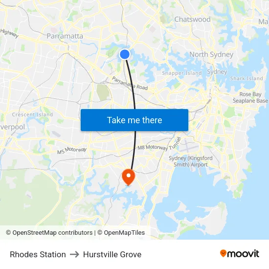 Rhodes Station to Hurstville Grove map