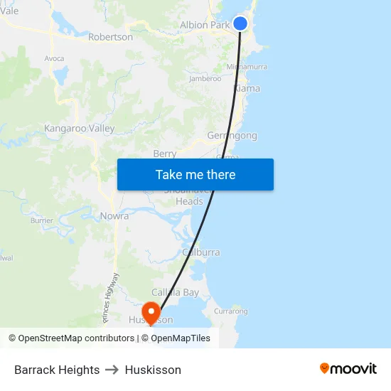 Barrack Heights to Huskisson map