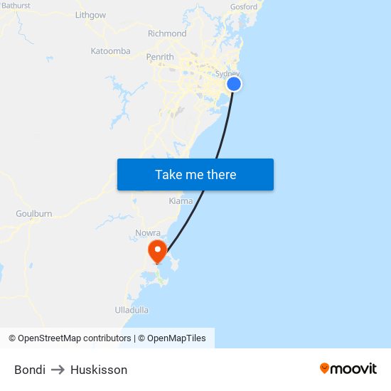 Bondi to Huskisson map